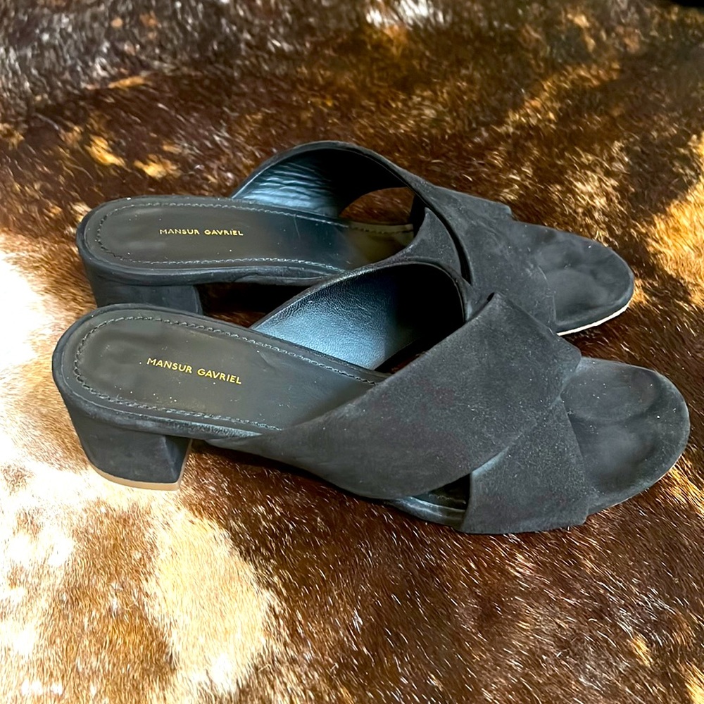 Mansur Gavriel black suede slip on heeled sandal. Sz. 38